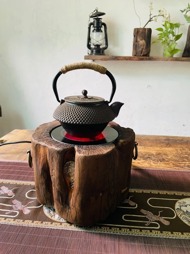木桩电陶炉煮茶炉煮茶器温茶诧寂风复古小围炉山西罐罐茶榆木摆件