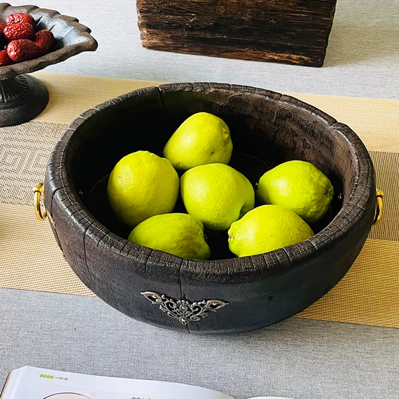 香樟木复古水果篓实木托盘木质收纳盒家用民俗侘寂风干果盘子做旧