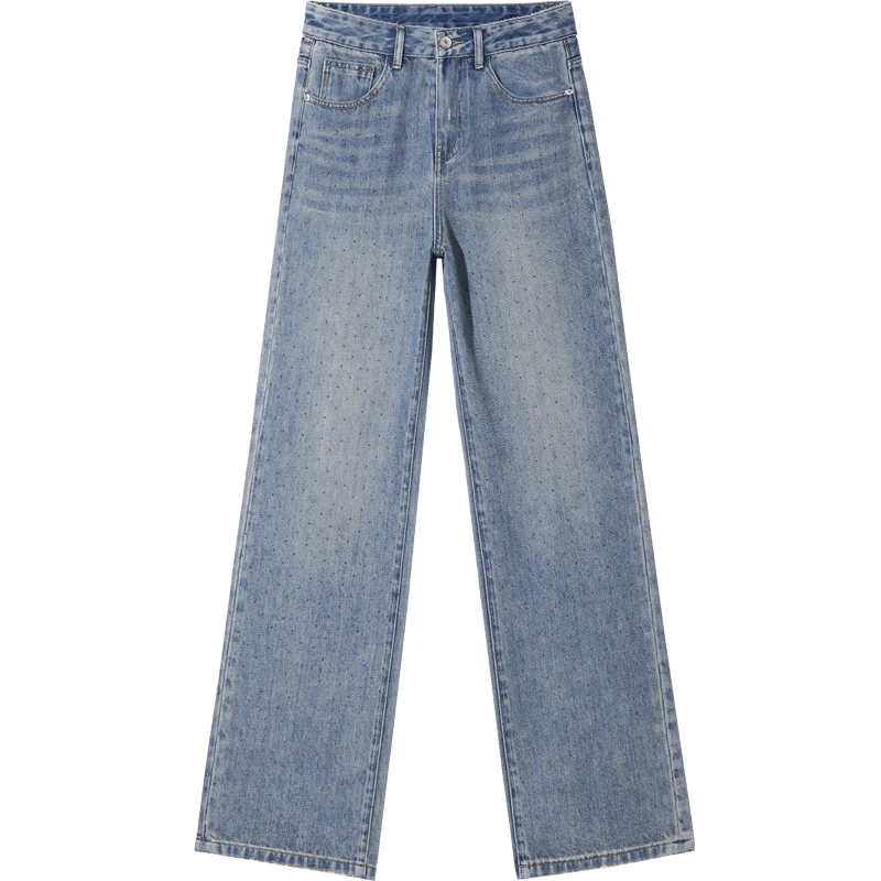 烫钻高腰牛仔裤女潮2025年新款春秋设计感小众直筒宽松显瘦裤子