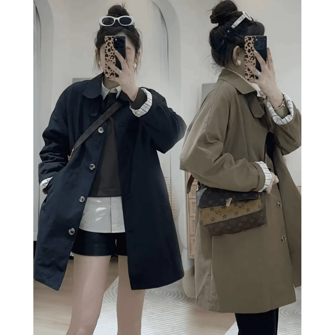 气质高级感外套女2023新款秋季翻领长袖宽松慵懒中长款风衣上衣潮