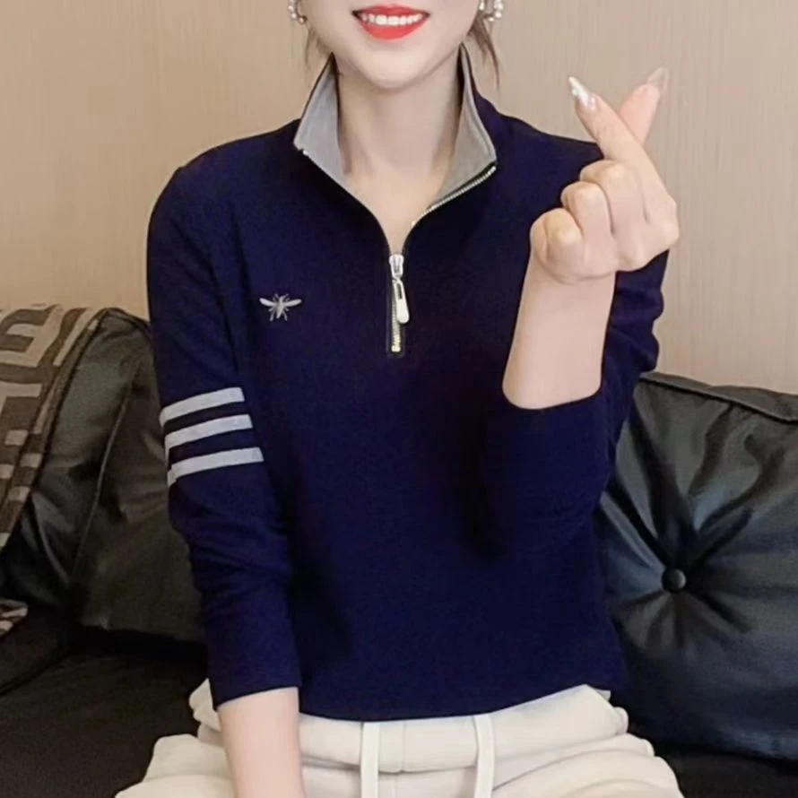 2024冬季双面绒精选新款半开领三道杠刺绣休闲百搭显瘦长袖F9180