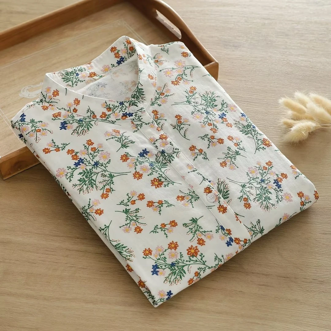 文艺复古小碎花纯棉立领衬衫春秋新款休闲印花宽松打底内搭衬衣女