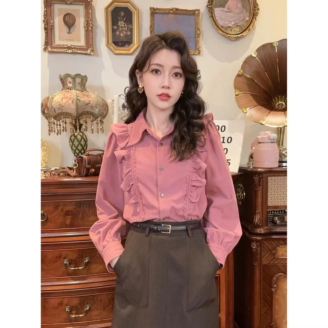 现货清货【一生罗曼】港风精致荷叶边拼花边衬衫 Y2233