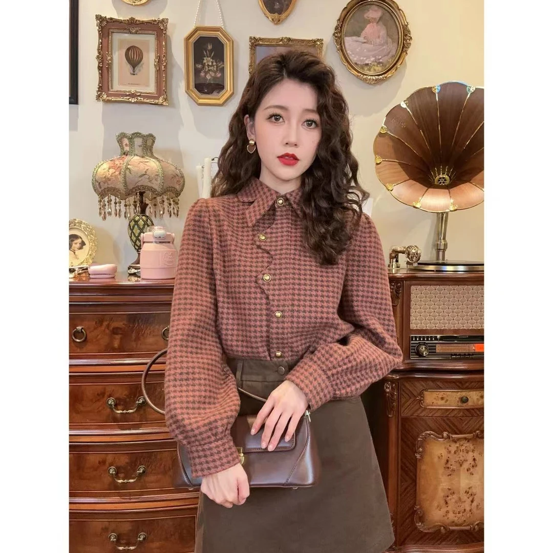 现货48小时发【一生罗曼】港风复古格子厚款不规则门禁衬衫 Y2445