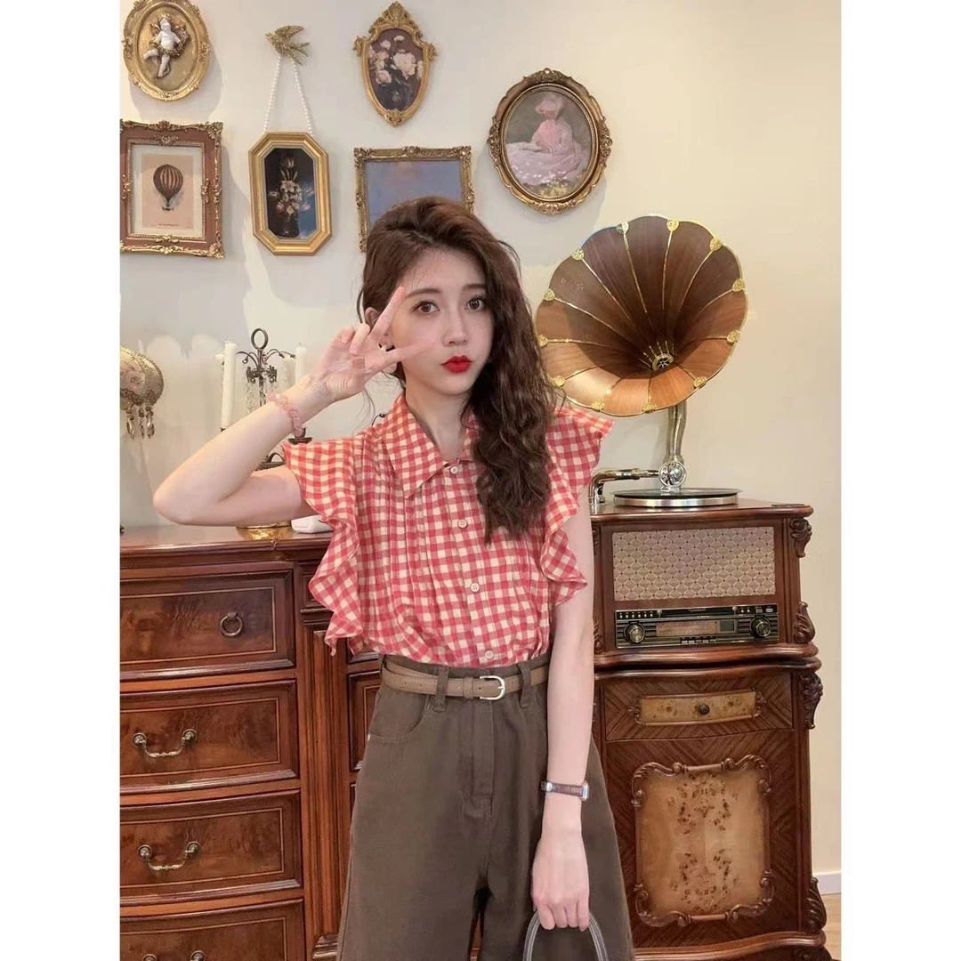 现货清货【一生罗曼】飞袖压褶格子衬衫 Y1505