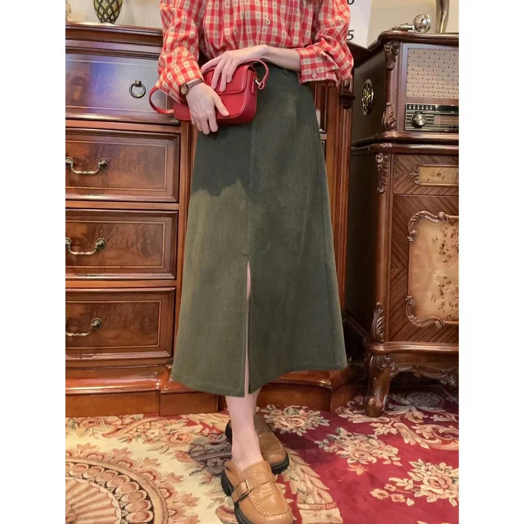 现货清货【一生罗曼】开叉秋季灯芯绒半身裙 B229