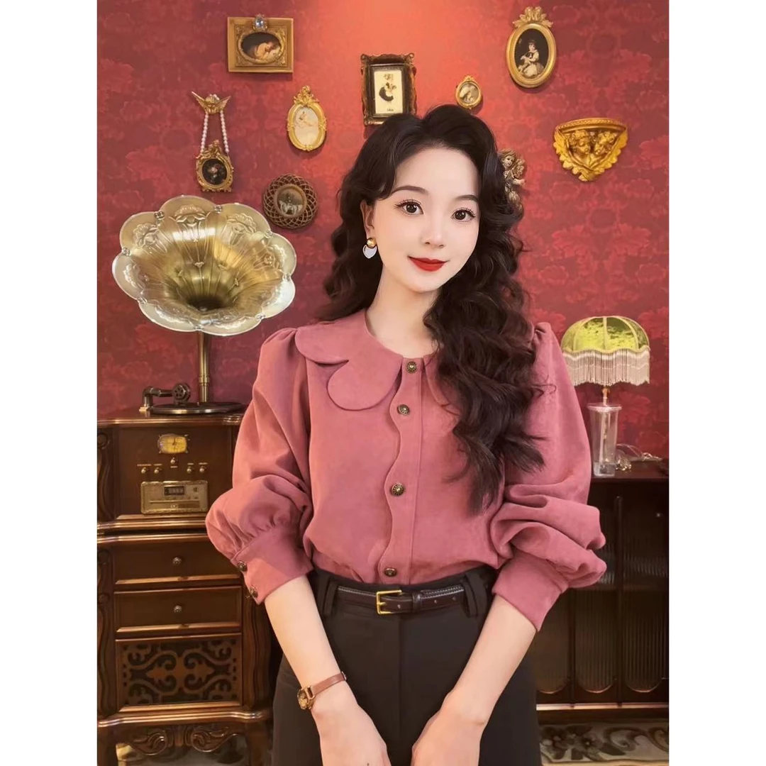 现货48小时【思思港风】花瓣娃娃领减龄衬衫Y2216