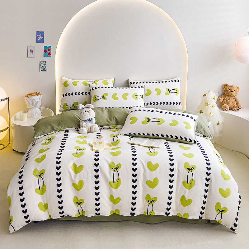 A类小清新软糯泡泡棉印花四件套春夏秋季床单被套学生宿舍三件套