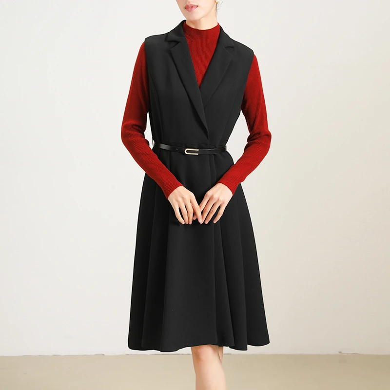 28438 秋冬时尚季中长款优雅轻奢连衣裙修身显瘦设计感西装领裙子