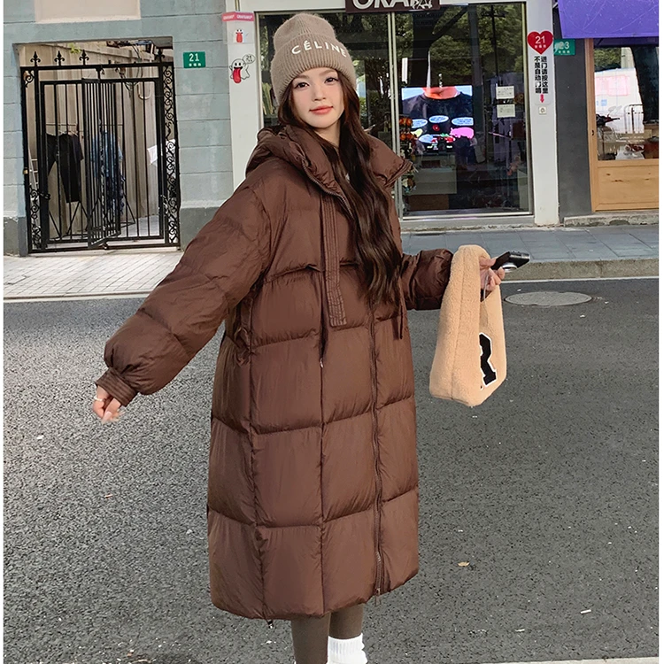 国标羽绒服8892女轻奢飘带保暖连帽过膝长款时尚冬季韩加厚