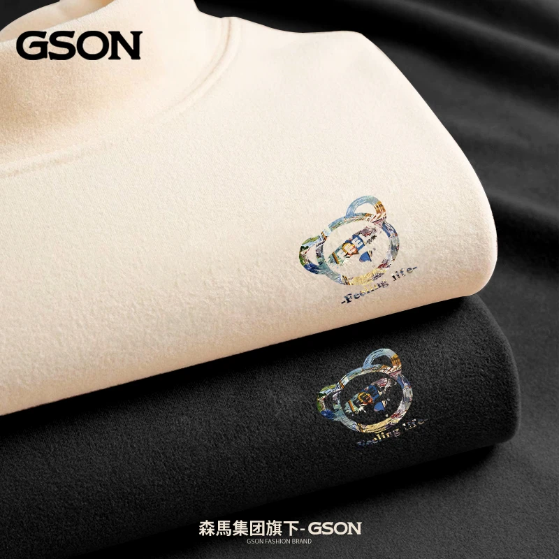 潮牌GSON长袖T恤男士秋冬季加绒加厚内搭保暖上衣半高领打底衫男