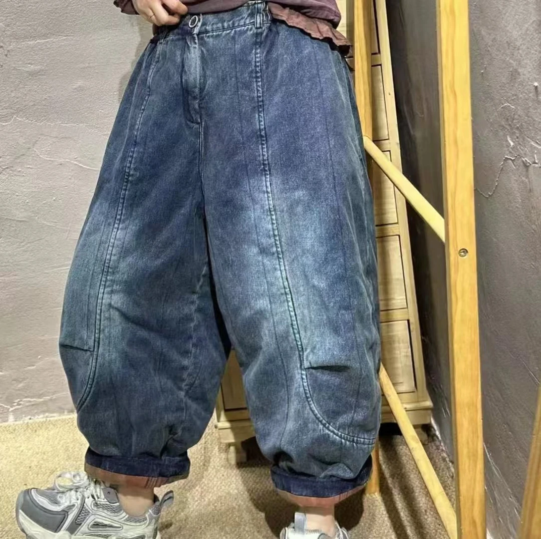 原创复古做旧夹棉牛仔裤宽松显瘦休闲长裤