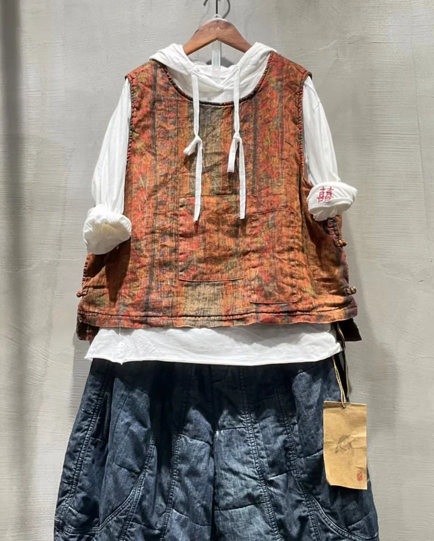 复古苎麻双层数码印花马甲大口袋设计