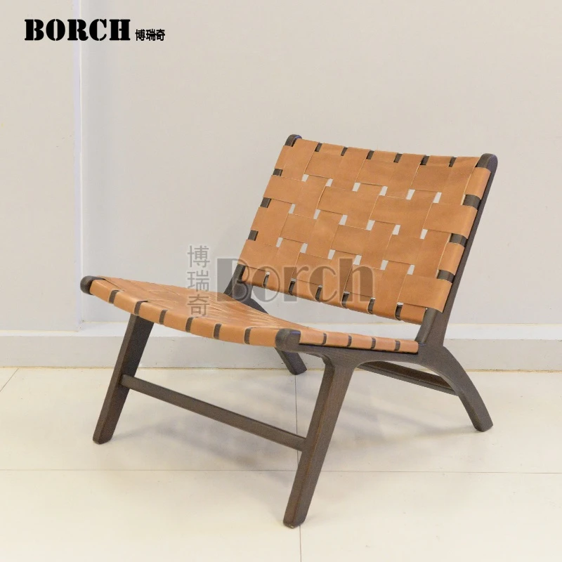 BORCH/博瑞奇北欧实木真皮古编织单人休闲袋鼠椅休闲椅（03896）