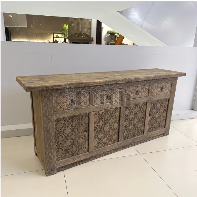 BORCH/博瑞奇老榆木边柜中古手工雕花四门四抽客厅储物柜（07291）