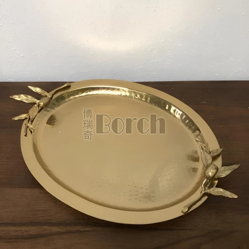 BORCH/博瑞奇中古黄铜椭圆托盘不锈钢+铜盘摆件桌面铜摆件（08140）