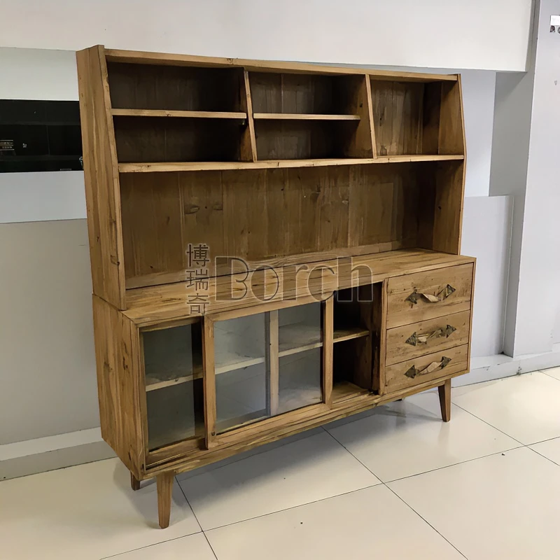 BORCH/博瑞奇老松木玻璃高柜中古原木风三抽边柜（07283）
