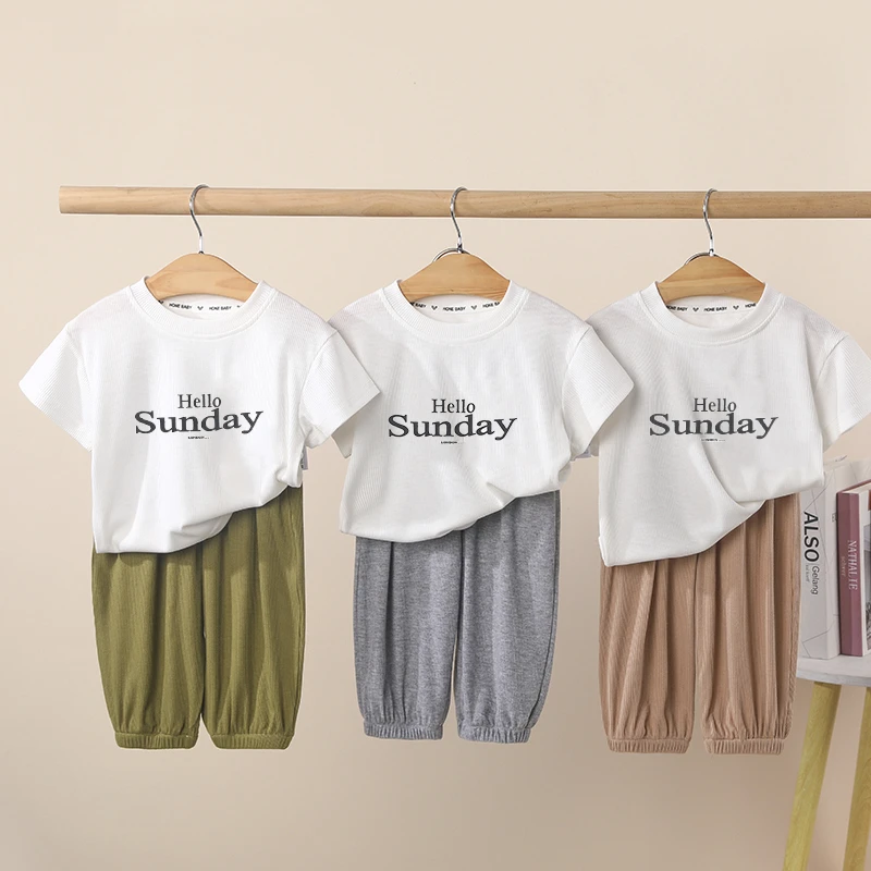 中小童夏季薄款短袖套装T恤防蚊裤两件套男童女童夏装婴儿宝宝