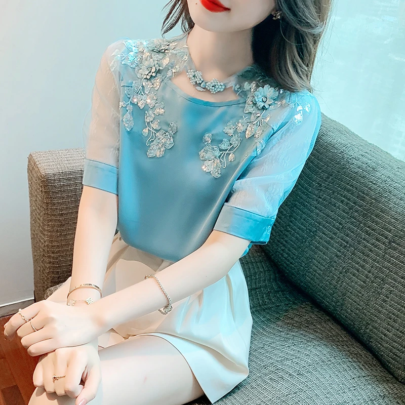 夏季短袖雪纺小衫女装2024年新款设计感小众高端独特别致洋气上衣