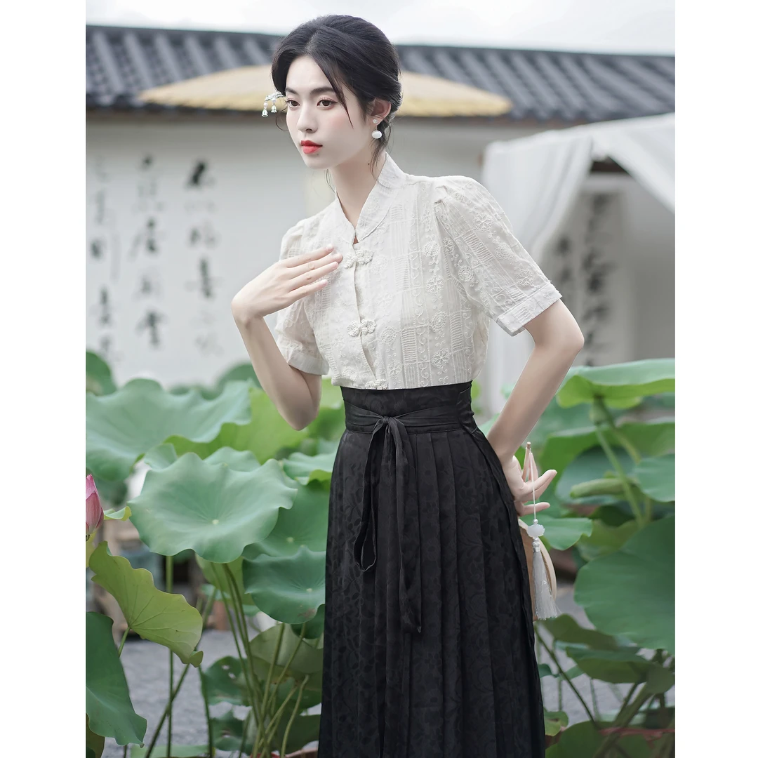 配马面裙夏季短袖新中式衬衫国风汉元素改良汉服女款上衣时尚套装