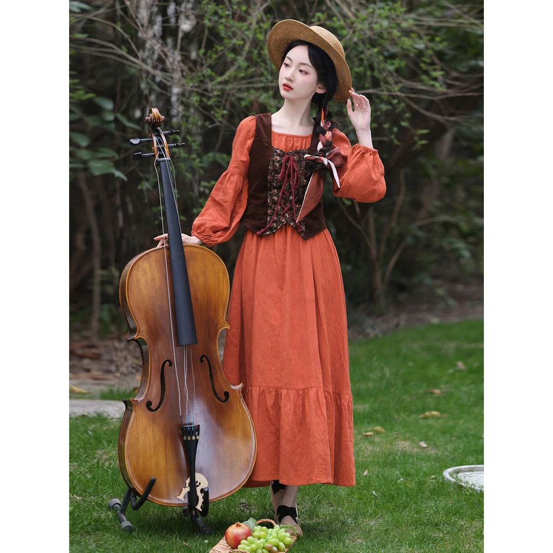 灯芯绒碎花拼接马甲+复古提花棉橘红连衣裙两件套度假文艺显瘦