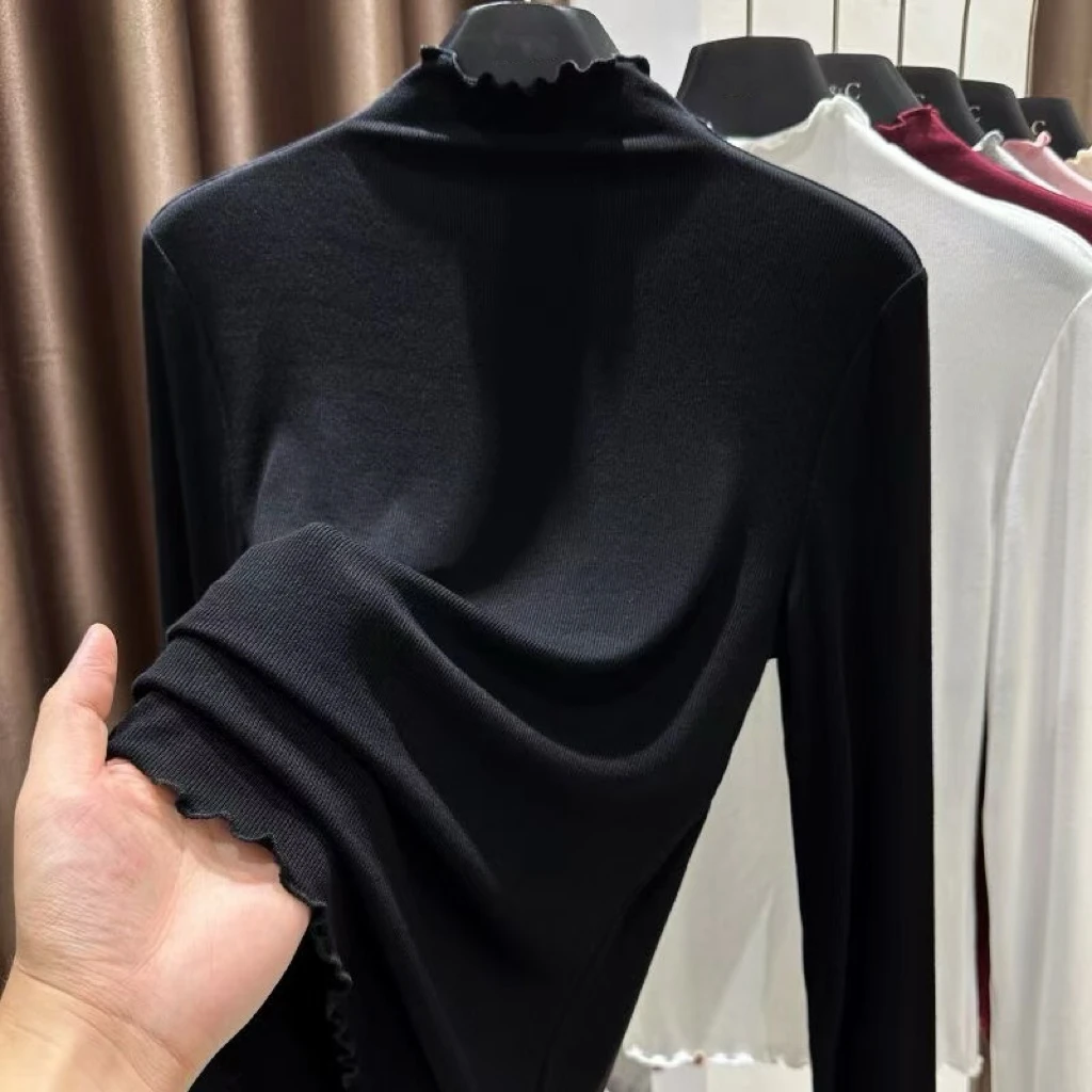 1323-1秋冬新款薄绒大码打底荷叶边袖肩长袖内搭洋气时尚半高领