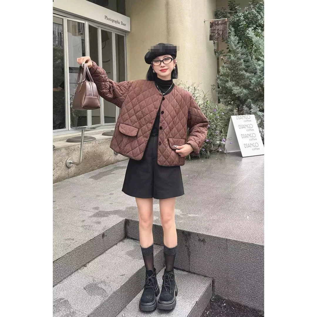 683-2秋冬大码新款棉服女菱形格圆领外套时尚保暖时尚棉衣