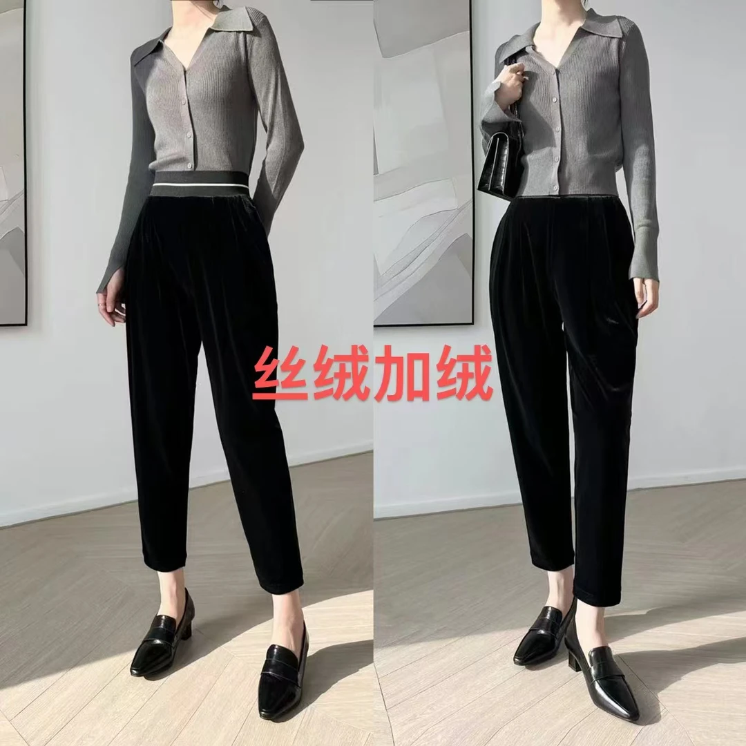 秋冬新款加绒大码2395丝绒萝卜裤小脚灯笼裤哈伦裤