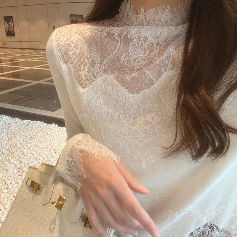 法式半高领双面毛绒蕾丝内搭上衣女秋冬白色温柔高级感拼接打底衫