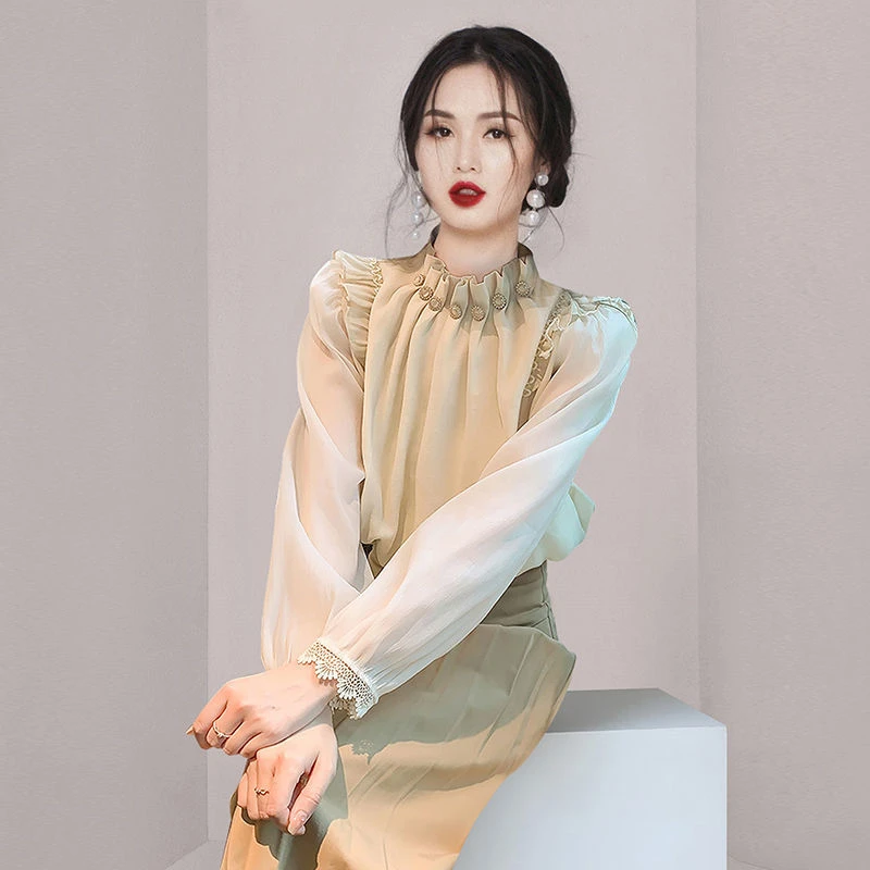 法式别致高级感衬衫女秋季长袖内搭木耳边打底衫2023新款雪纺上衣