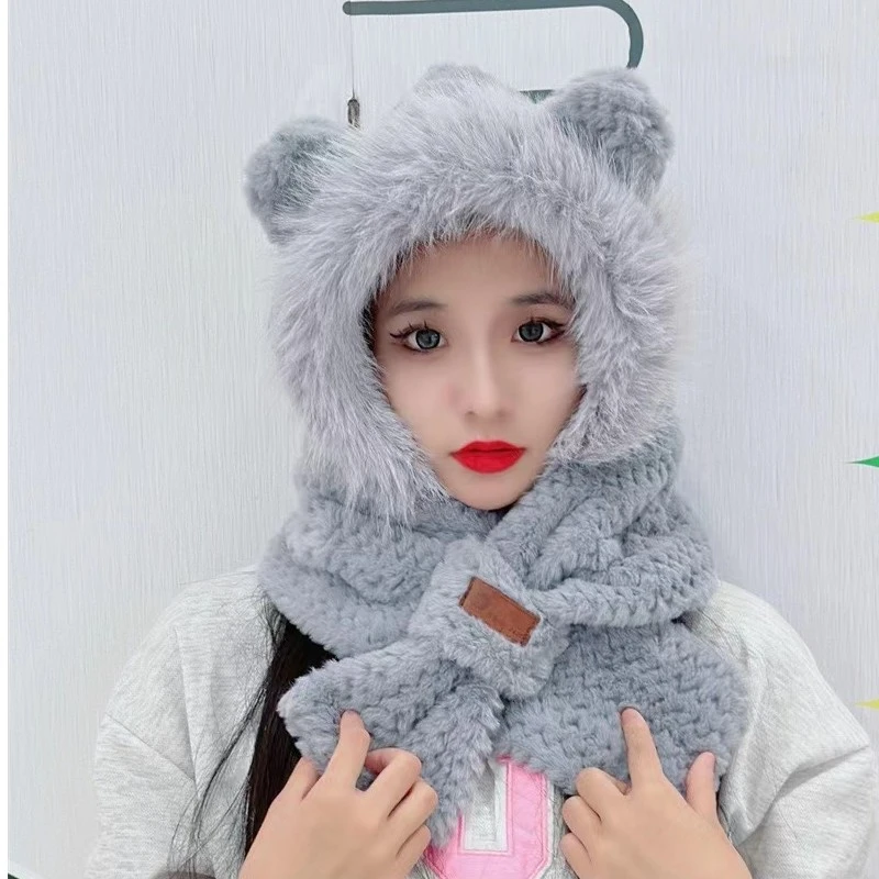 帽子围巾两件套韩版护耳帽套女毛绒帽加绒加厚冬天狐狸帽小熊帽A