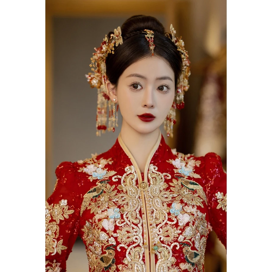 非金属婚庆饰品 新款红色精美蜻蜓刺绣古装饰品X959