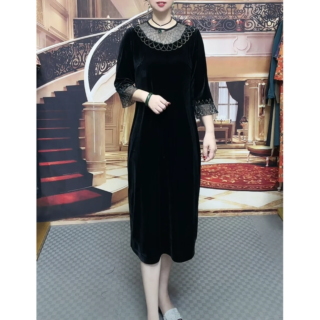 7134   金丝绒洋气显瘦连衣裙时尚遮肚复古裙子