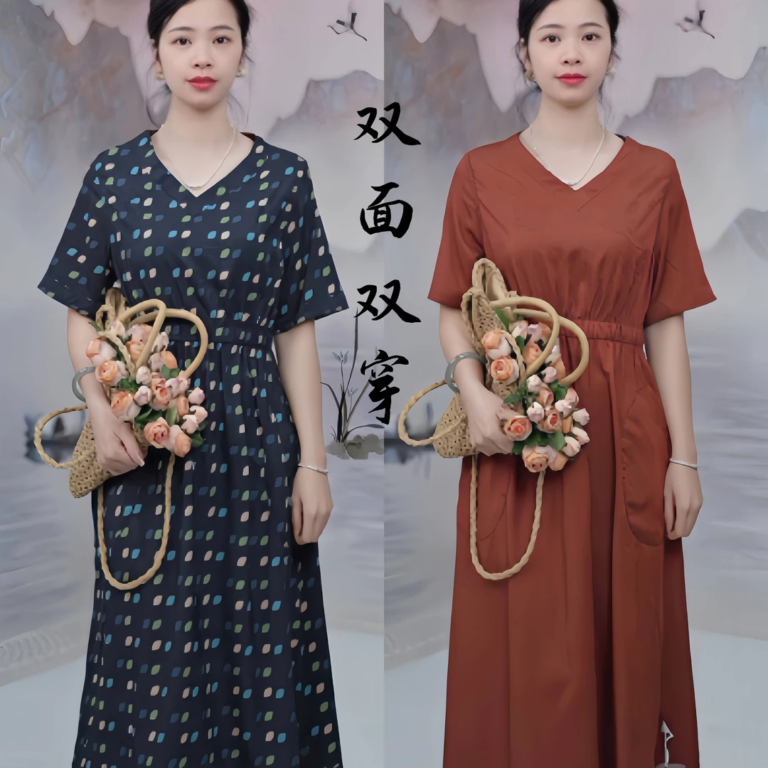 2563   双面双穿重工提花红韵国风V领气质显瘦女装连衣裙