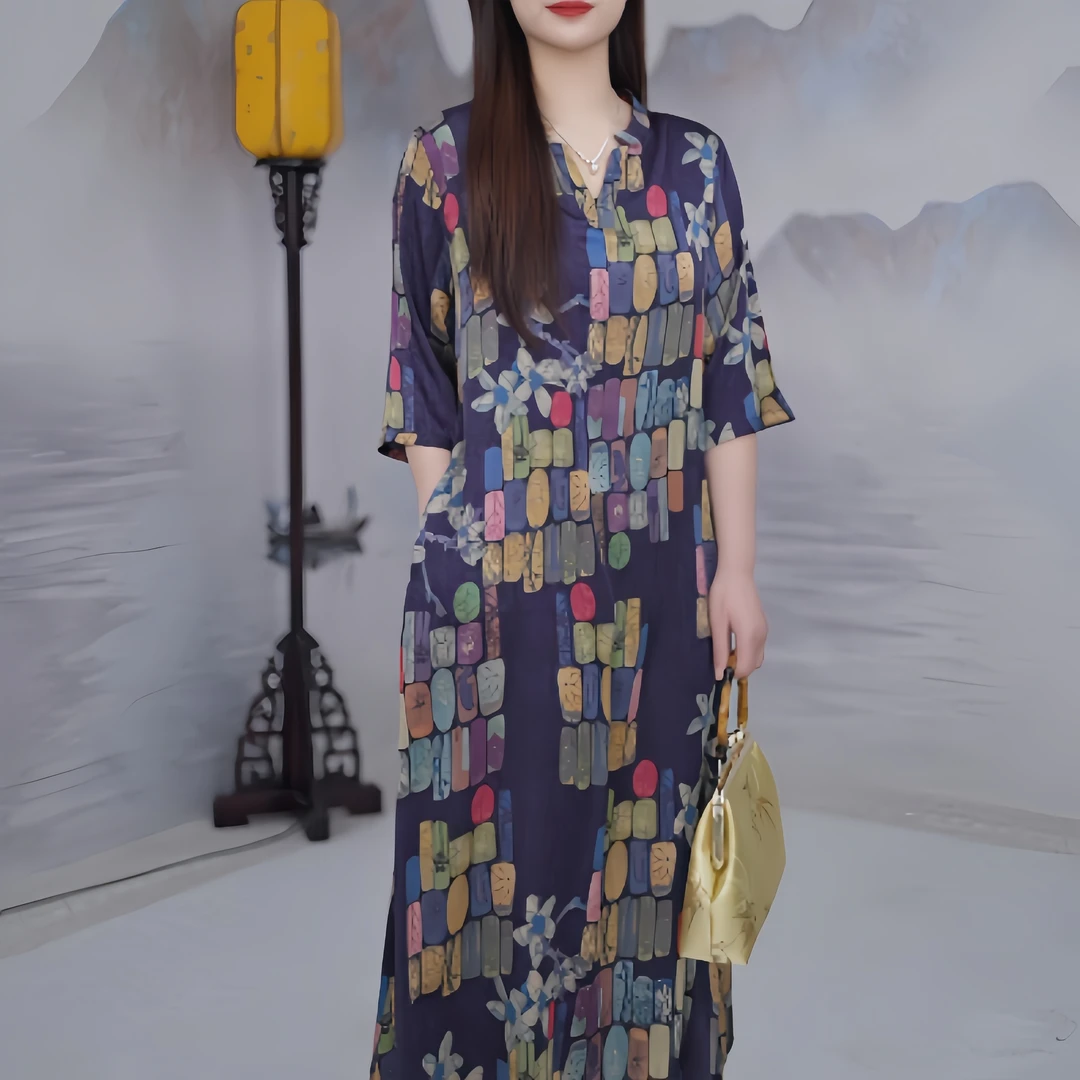 7135女装连衣裙气质蓝色时尚休闲女士夏季印花设计师复古优雅