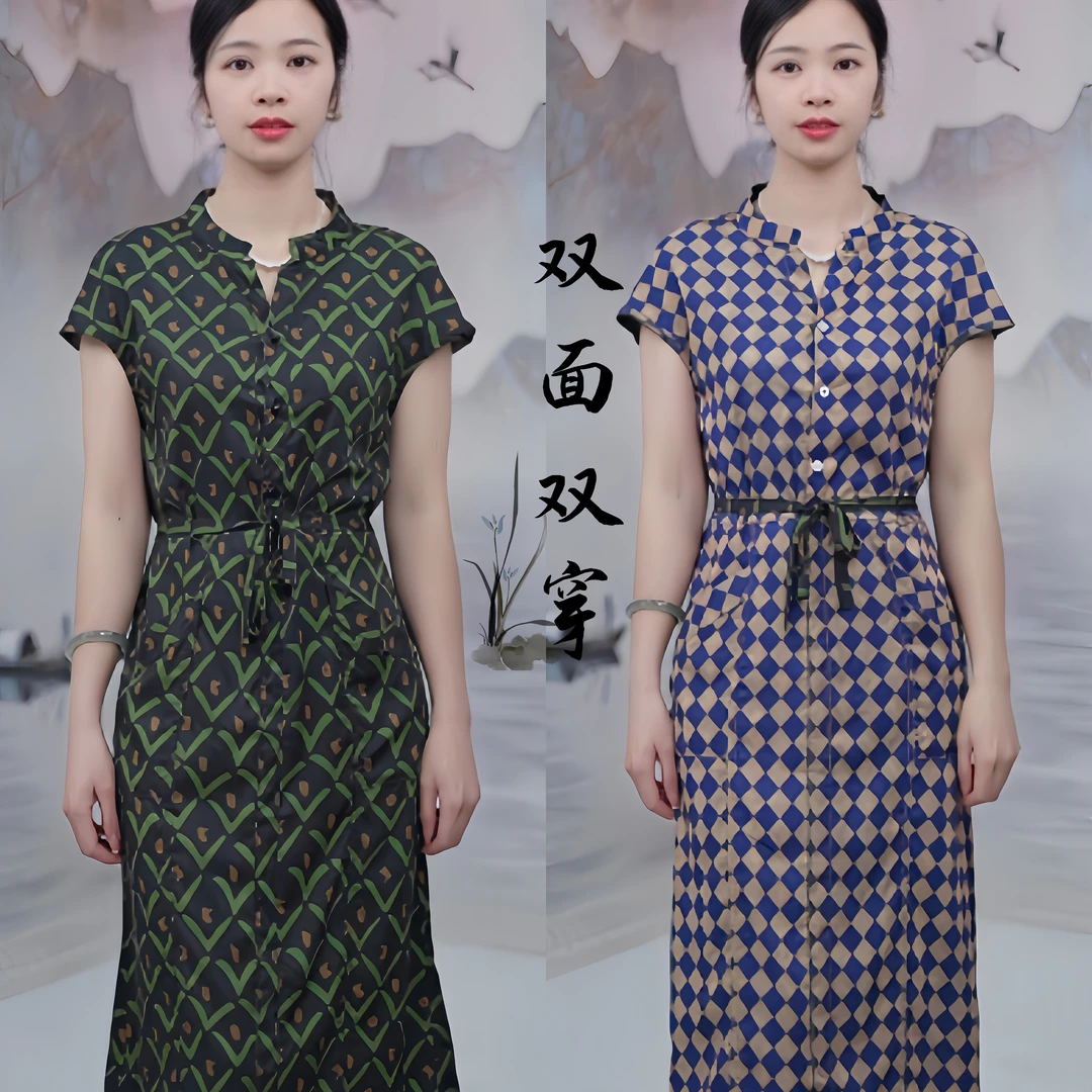 返朝复古2583双面双穿复古国风气质印花系带显瘦女装连衣裙时尚