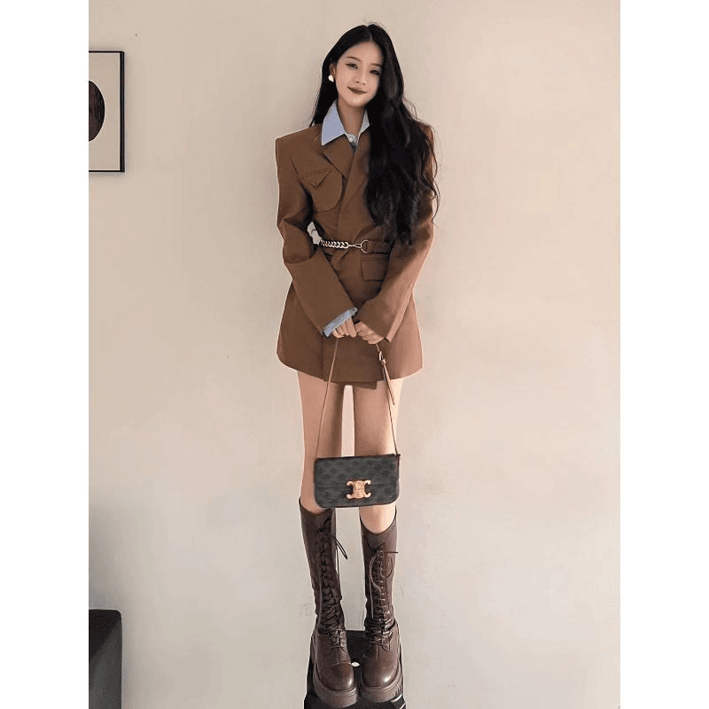 掐腰裙子高个子秋冬长款高冷御姐风咖色西装连衣裙女秋冬韩系设计