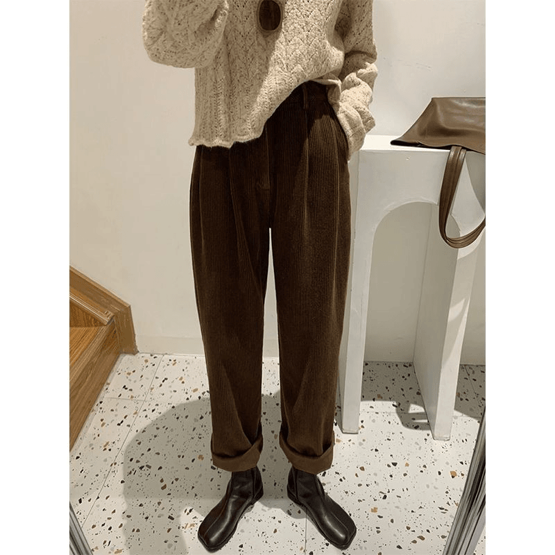 秋冬休闲裤女巴卜棕色裤子加绒加厚灯芯绒阔腿裤子冬季2023年新款