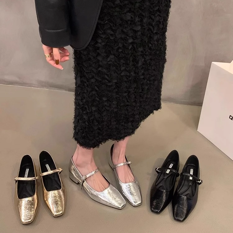 粗跟银色单鞋2024新款春季一字扣低跟高跟鞋尖头玛丽珍女鞋晚晚鞋