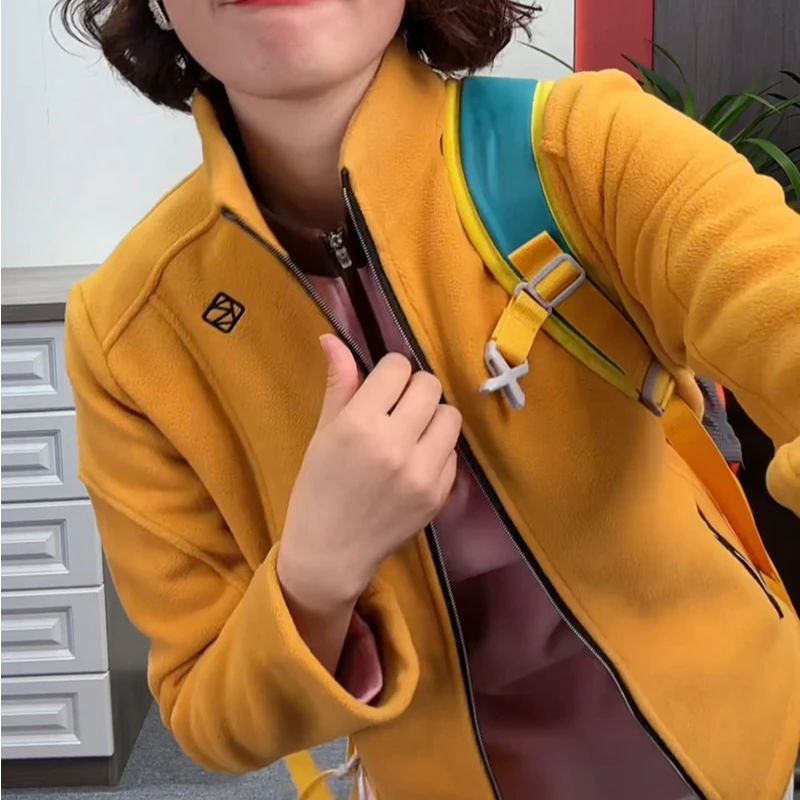 户外抓绒衣外套开衫拉链秋冬立领女士休闲时尚黄色加绒秋季