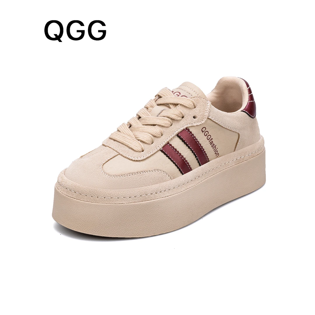 QGG新款板鞋2024新款休闲鞋厚底时尚真皮美拉德百搭低帮运动鞋