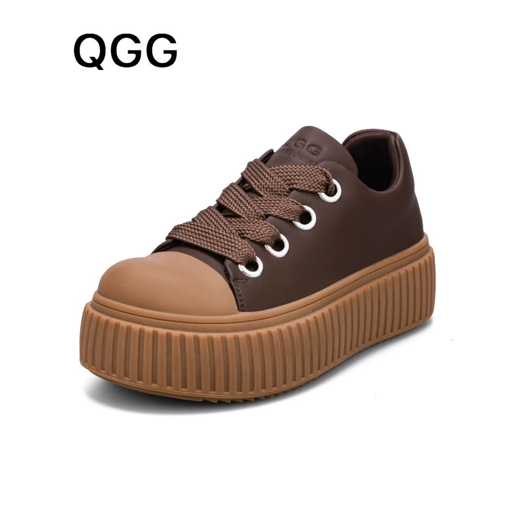 QGG真皮板鞋2024新款时尚厚底休闲鞋真皮秋冬百搭潮牌运动鞋女