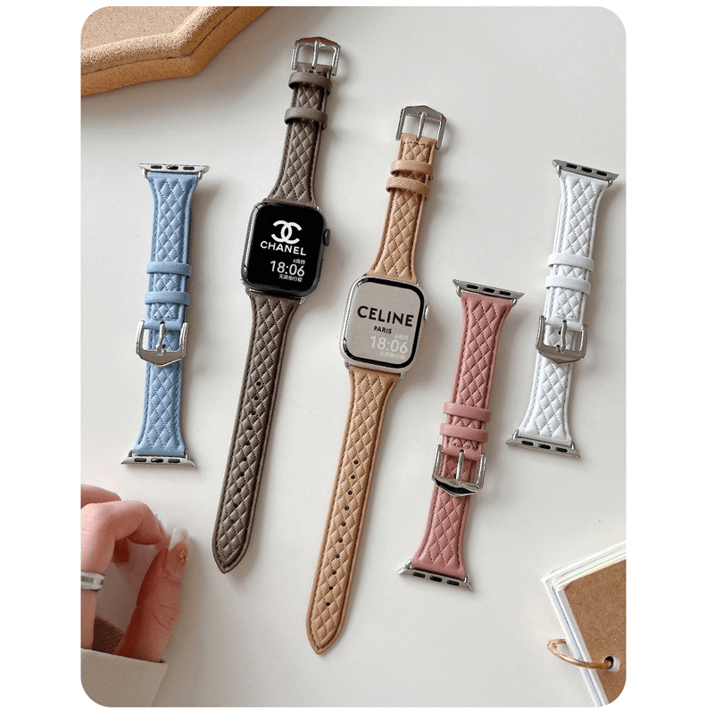 适用苹果applewatch9英伦s8风真皮手表带s67代菱格表带se2女Ultra