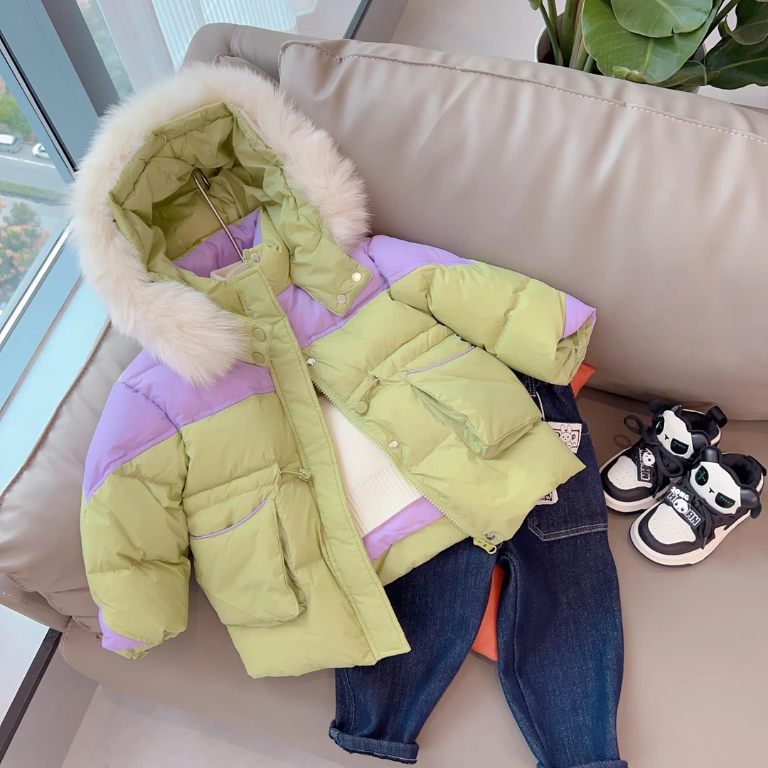 2023冬款男女宝洋气毛领拼接羽绒服B-586161儿童中长款保暖外套