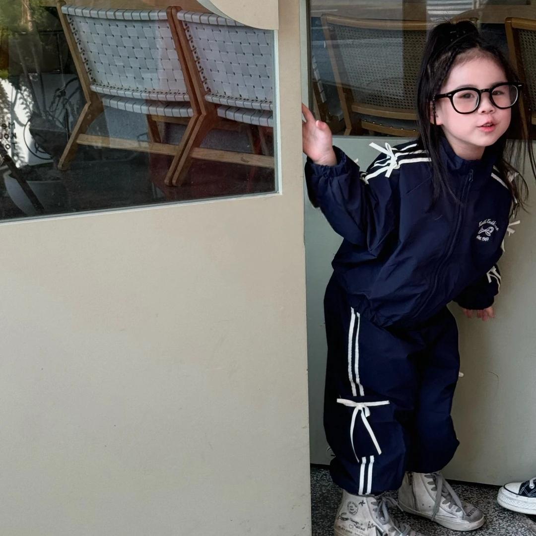 【蝴蝶结运动两件套】女童套装秋韩版休闲藏蓝运动套装N-657112