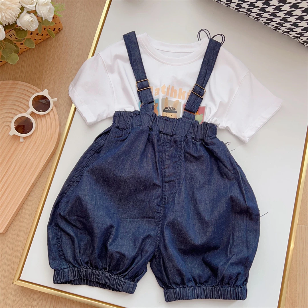 女童洋气背带裤夏洋气韩版大裤腿爱心牛仔背带裤X-25205