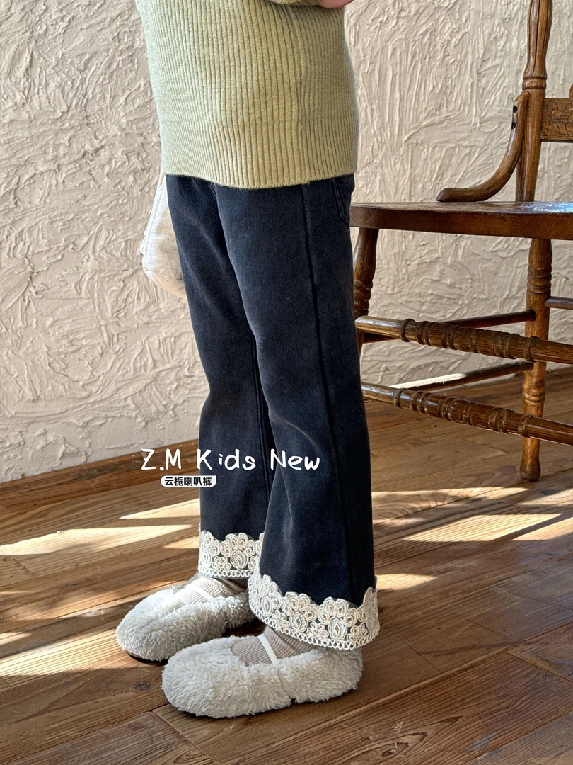 【云栀喇叭裤】2024冬季洋气百搭花边加绒黑色女童牛仔裤H-196419