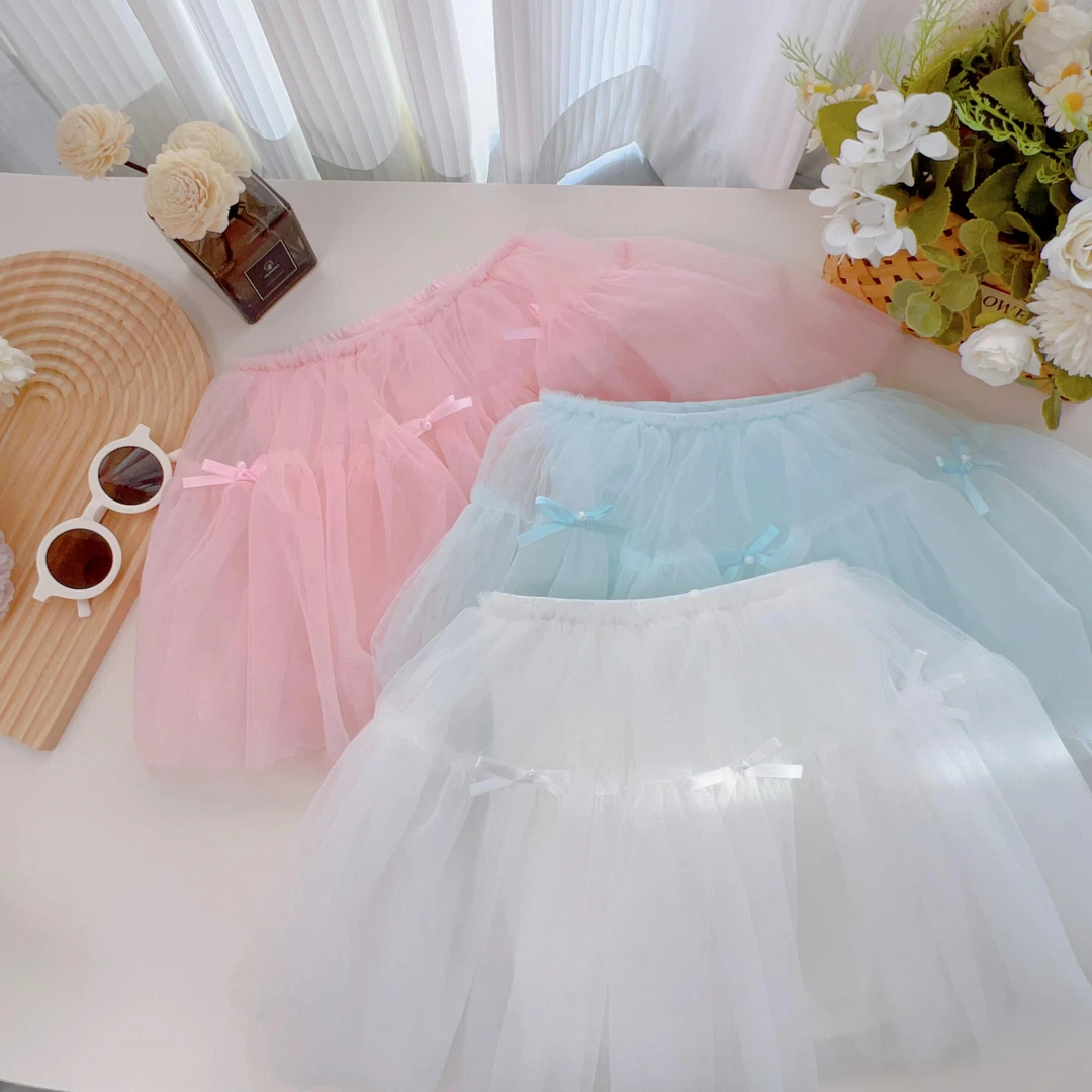 女童半身裙夏季女孩韩版洋气网纱蝴蝶结珍珠短裙G-12377