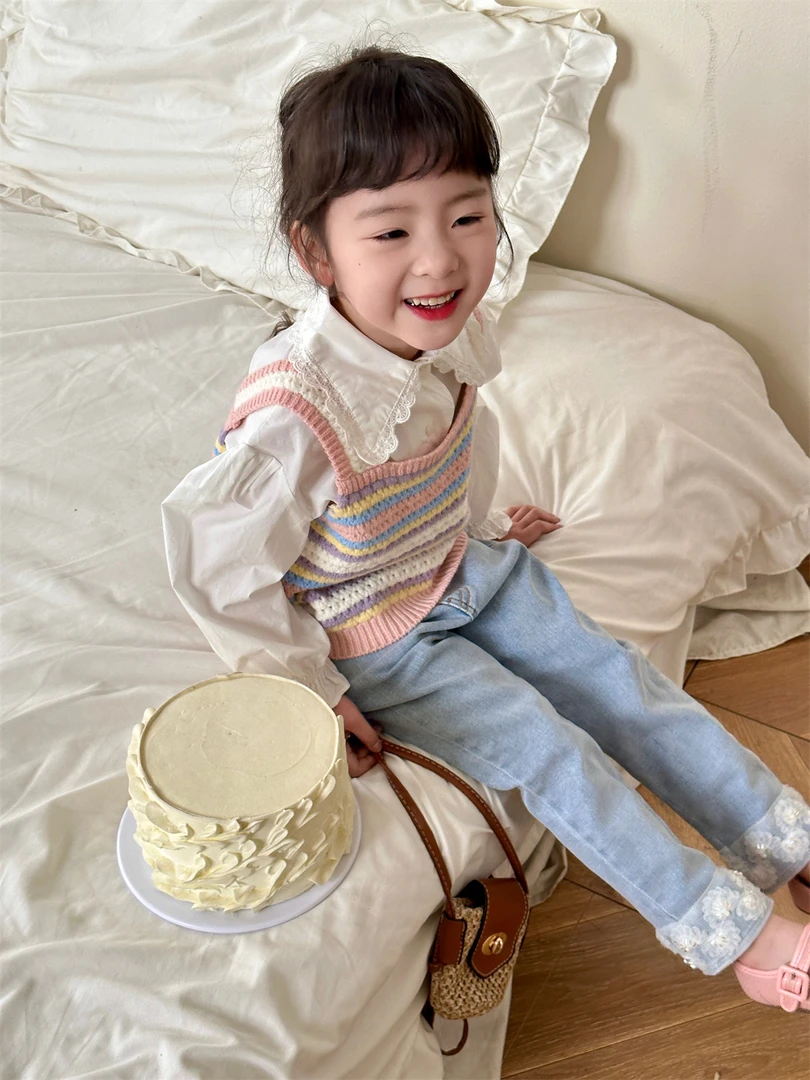 2024春款女童蕾丝花朵拼接牛仔裤H-19283女宝洋气时尚百搭韩版