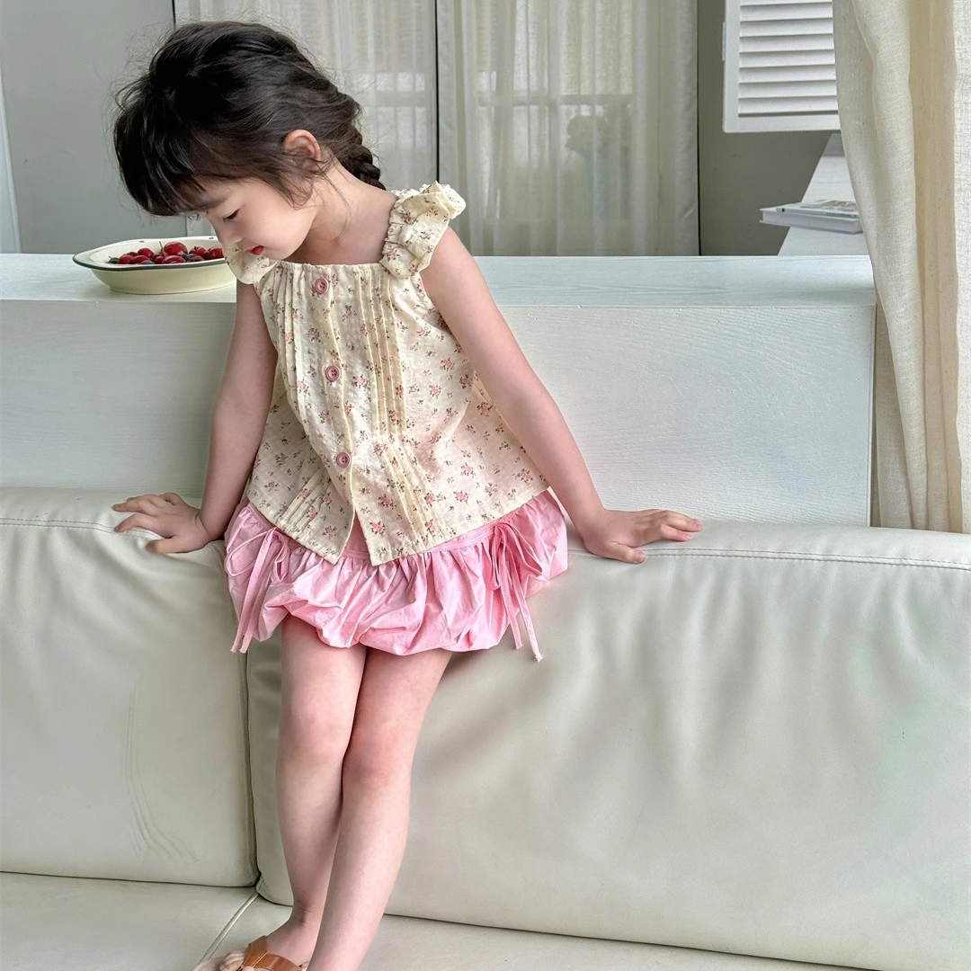 女童碎花套装夏季新款女宝上衣花苞裤无袖两件套N-65028